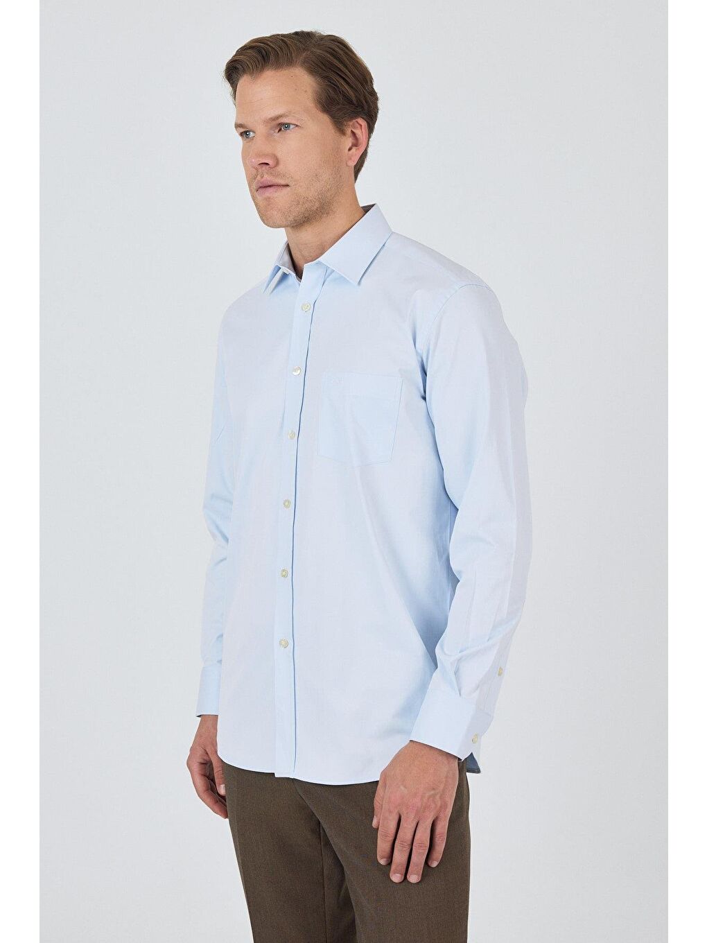 Mavi Uzun Kol Düz Bez Ayağı Sert Yaka Cepli Pamuklu Classic Comfort Fit Gömlek 1004250210-2