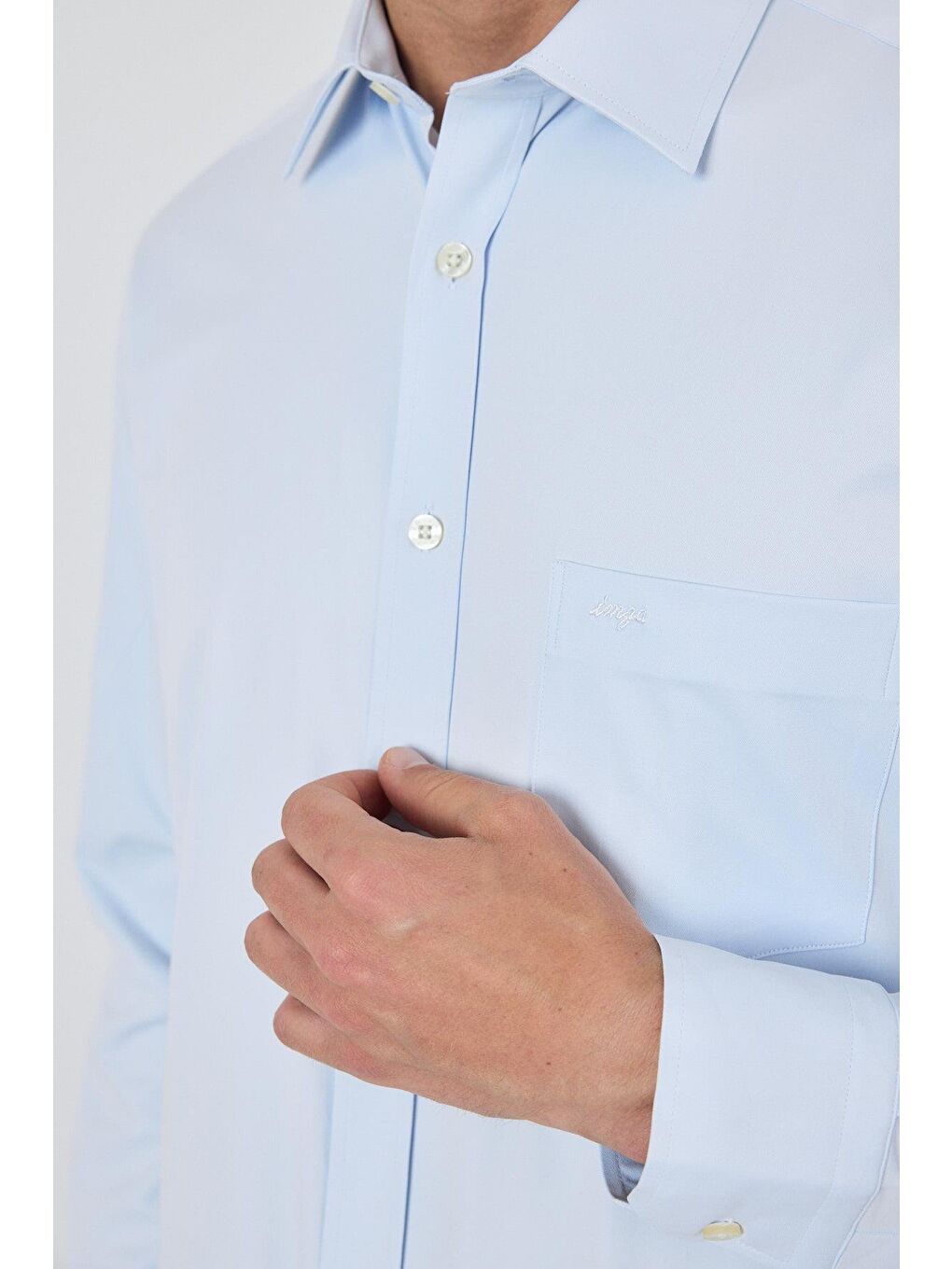 Mavi Uzun Kol Düz Bez Ayağı Sert Yaka Cepli Pamuklu Classic Comfort Fit Gömlek 1004250210-3