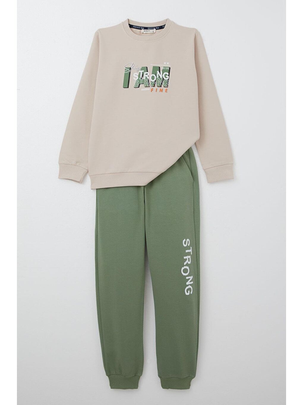 Erkek Çocuk Eşofman Takım Strong Yazı Baskılı Bej (6-10 Yaş)