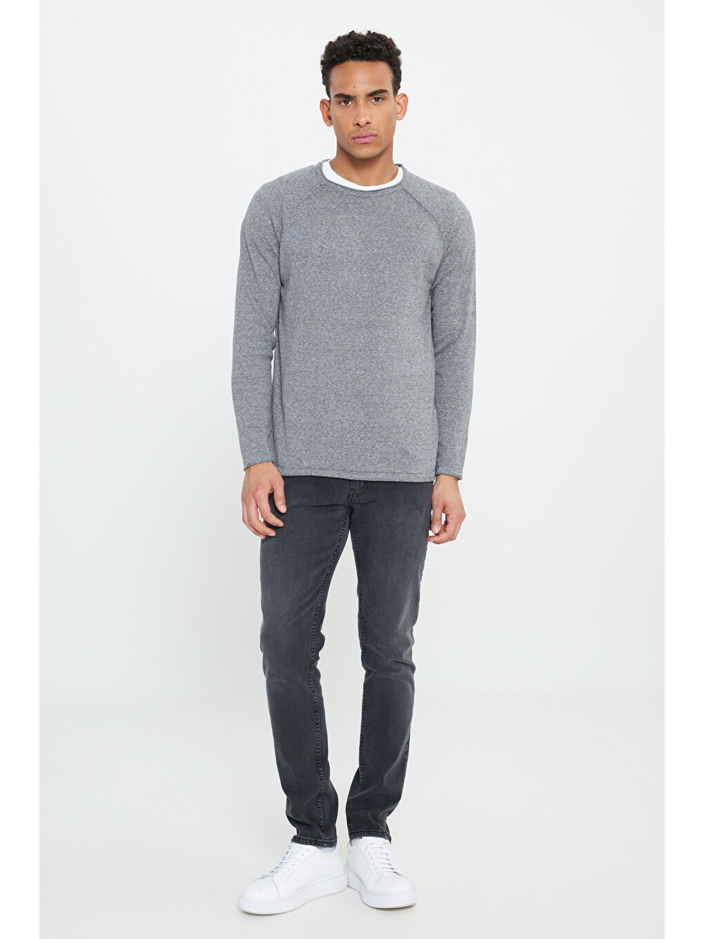 Gri Erkek Standart Fit Normal Kesim Bisiklet Yaka Pamuklu Muline Desenli Triko Kazak-1