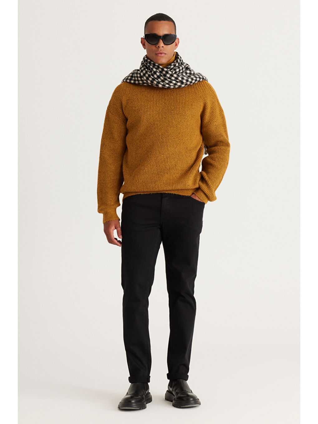 Sarı Erkek Hardal Oversize Bol Kesim Tam Balıkçı Yaka Desenli Triko Kazak-2