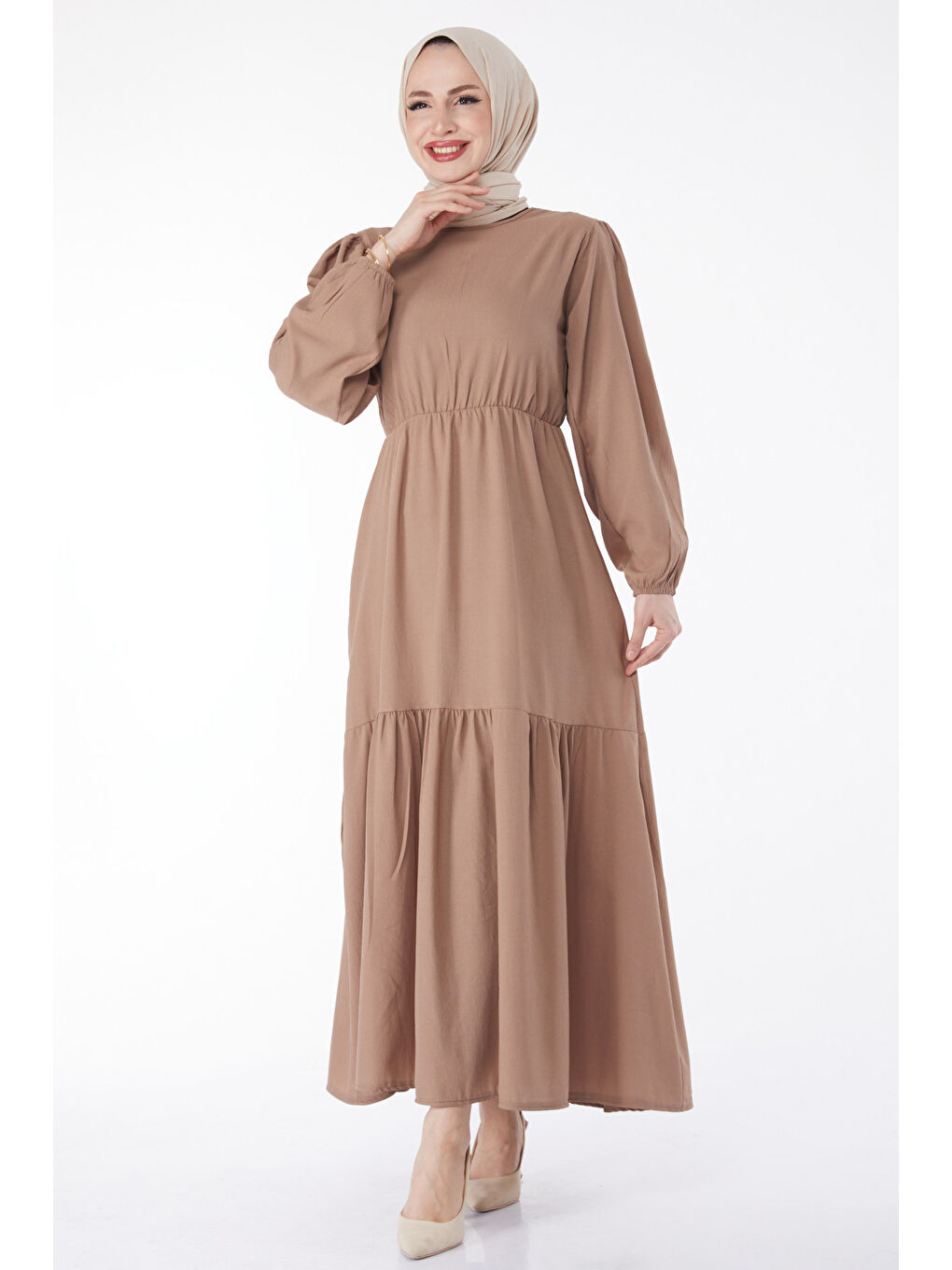 Bej Beli Bağcıklı Elbise Vizon - 27303-2