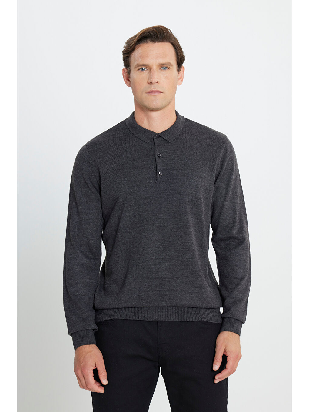 Erkek Antrasit-Melanj Tüylenme Yapmayan Anti Pilling Kumaş Standart Fit Polo Yaka Triko-3