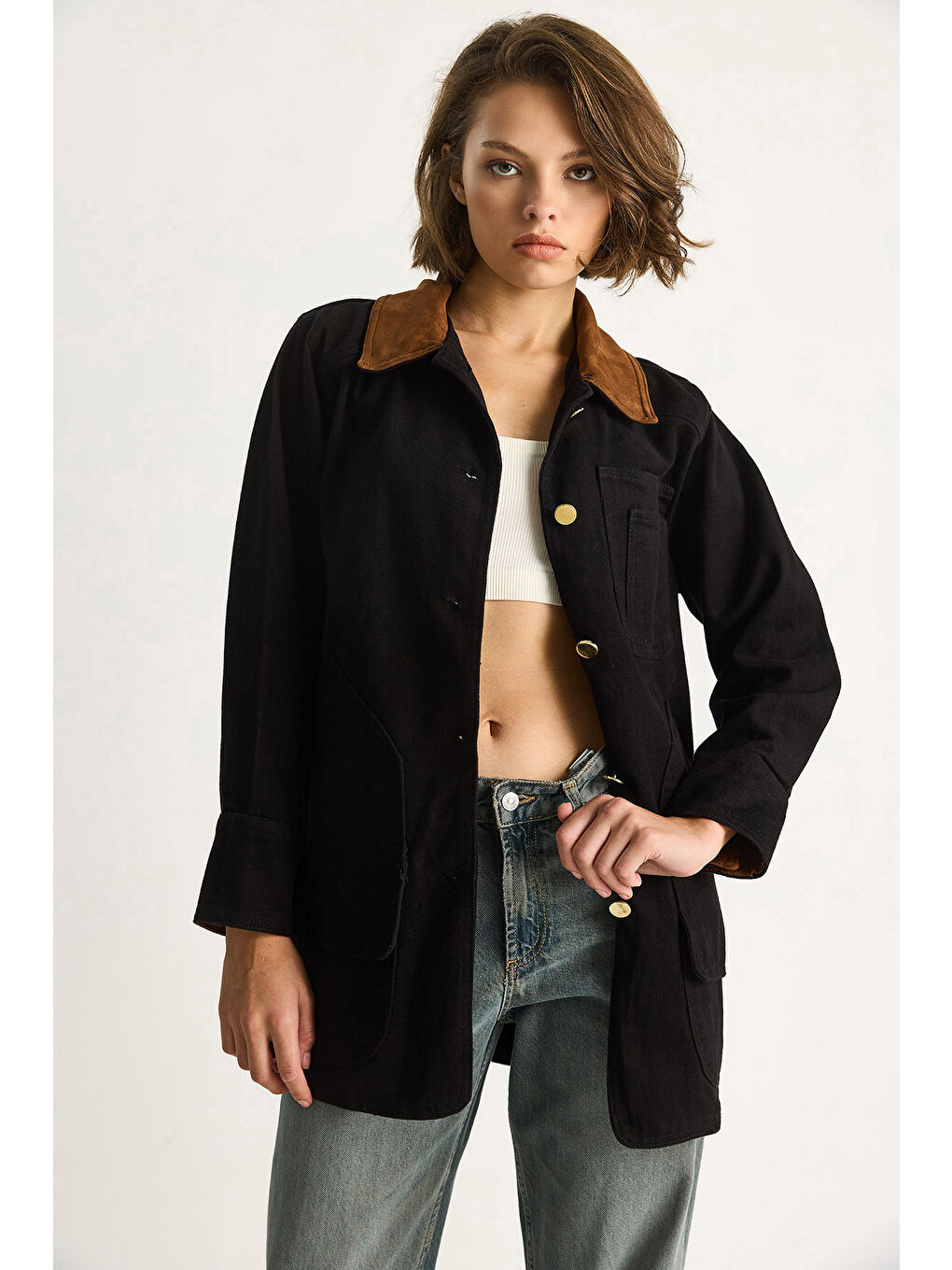 Siyah Kadın Süet Kontrast Yaka Cep Detaylı Garnili Gabardin Ceket-1