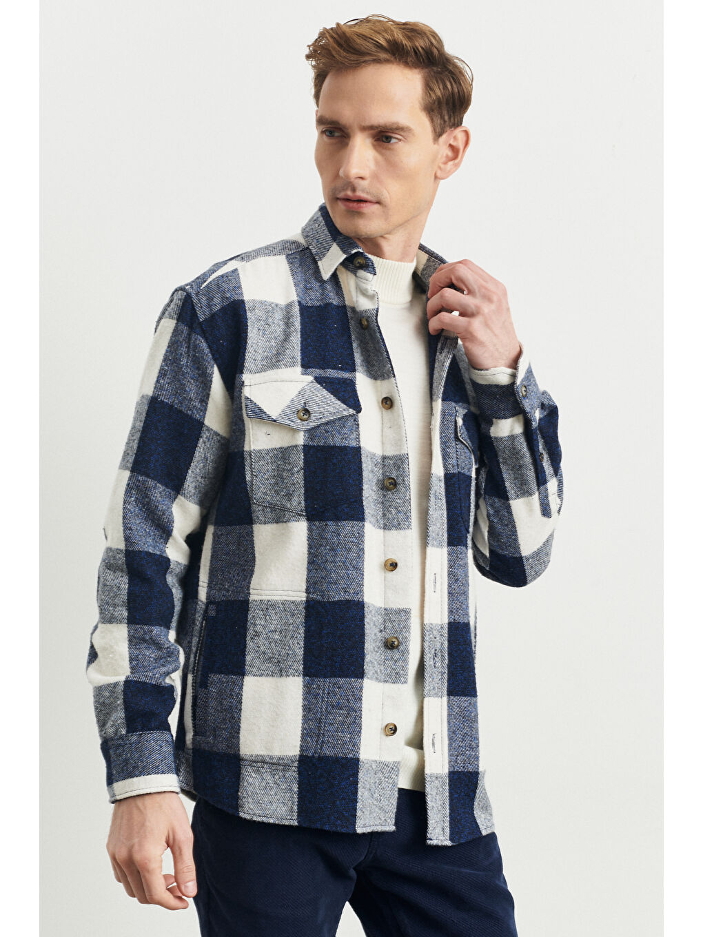 Erkek Mavi-Ekru Oversize Fit Geniş Kesim Gizli Düğmeli Yaka Kareli Oduncu Gömlek Ceket-3