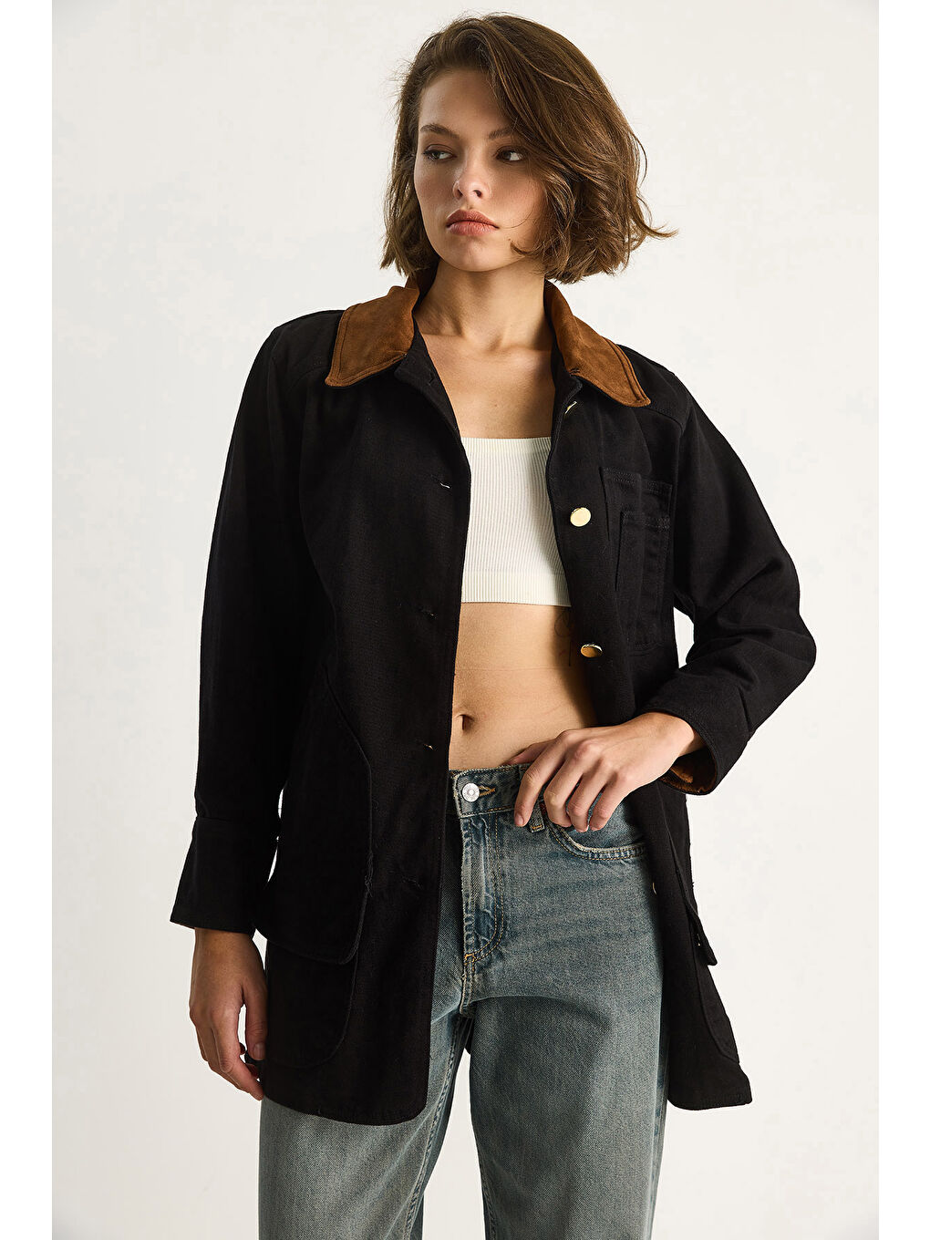 Siyah Kadın Süet Kontrast Yaka Cep Detaylı Garnili Gabardin Ceket-2