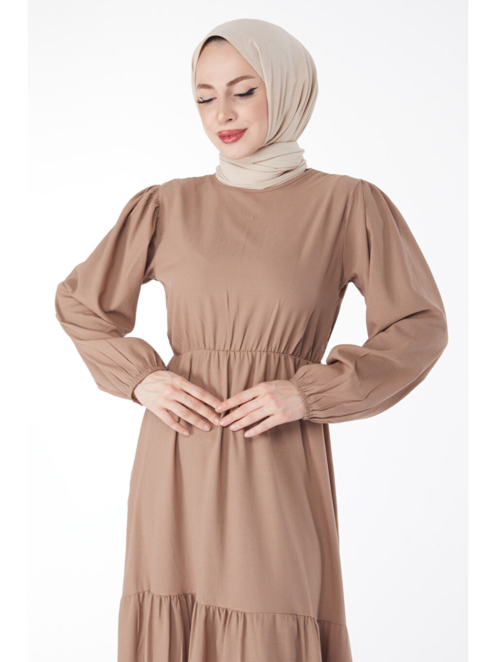 Bej Beli Bağcıklı Elbise Vizon - 27303-3