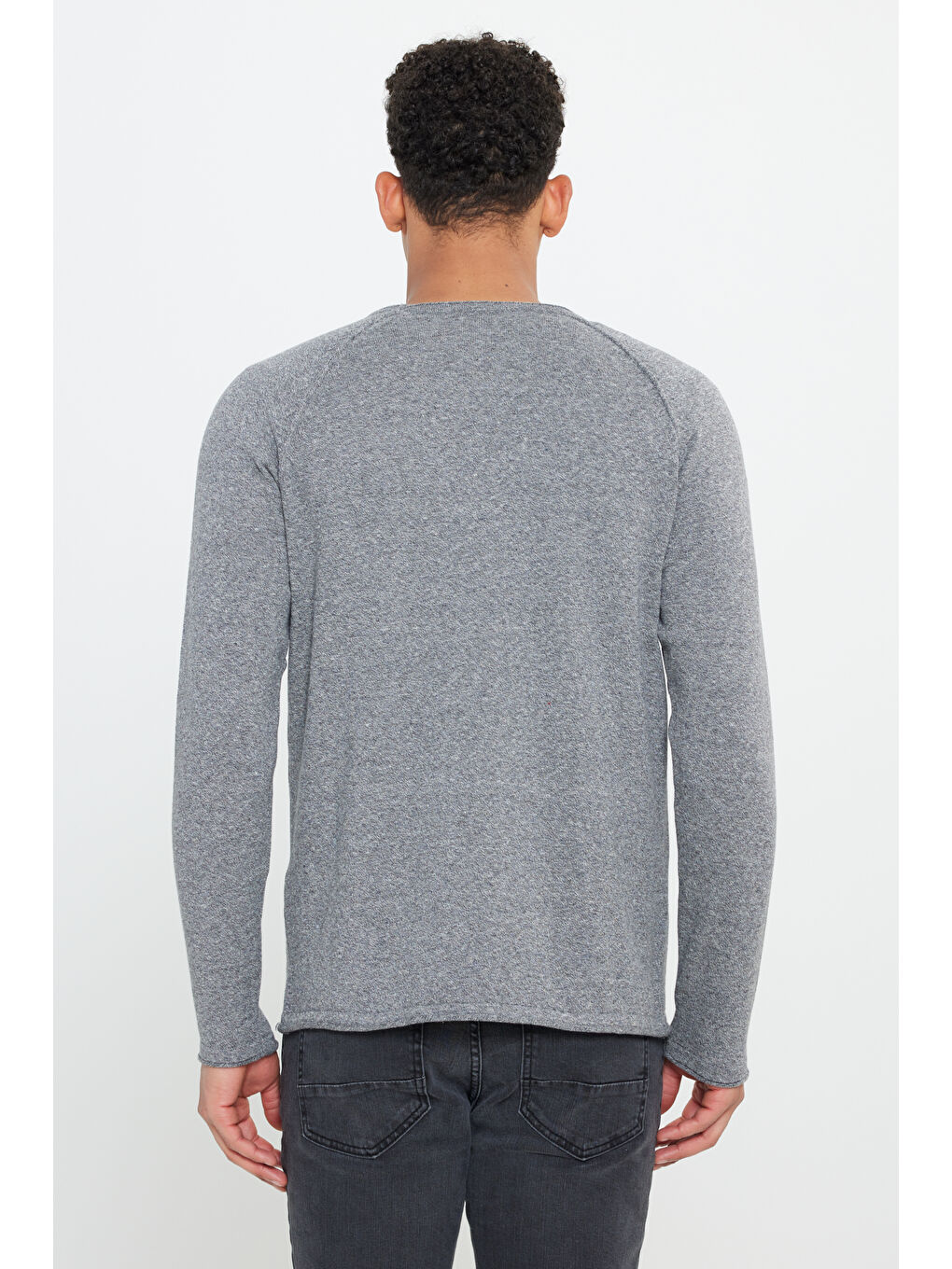 Gri Erkek Standart Fit Normal Kesim Bisiklet Yaka Pamuklu Muline Desenli Triko Kazak-4