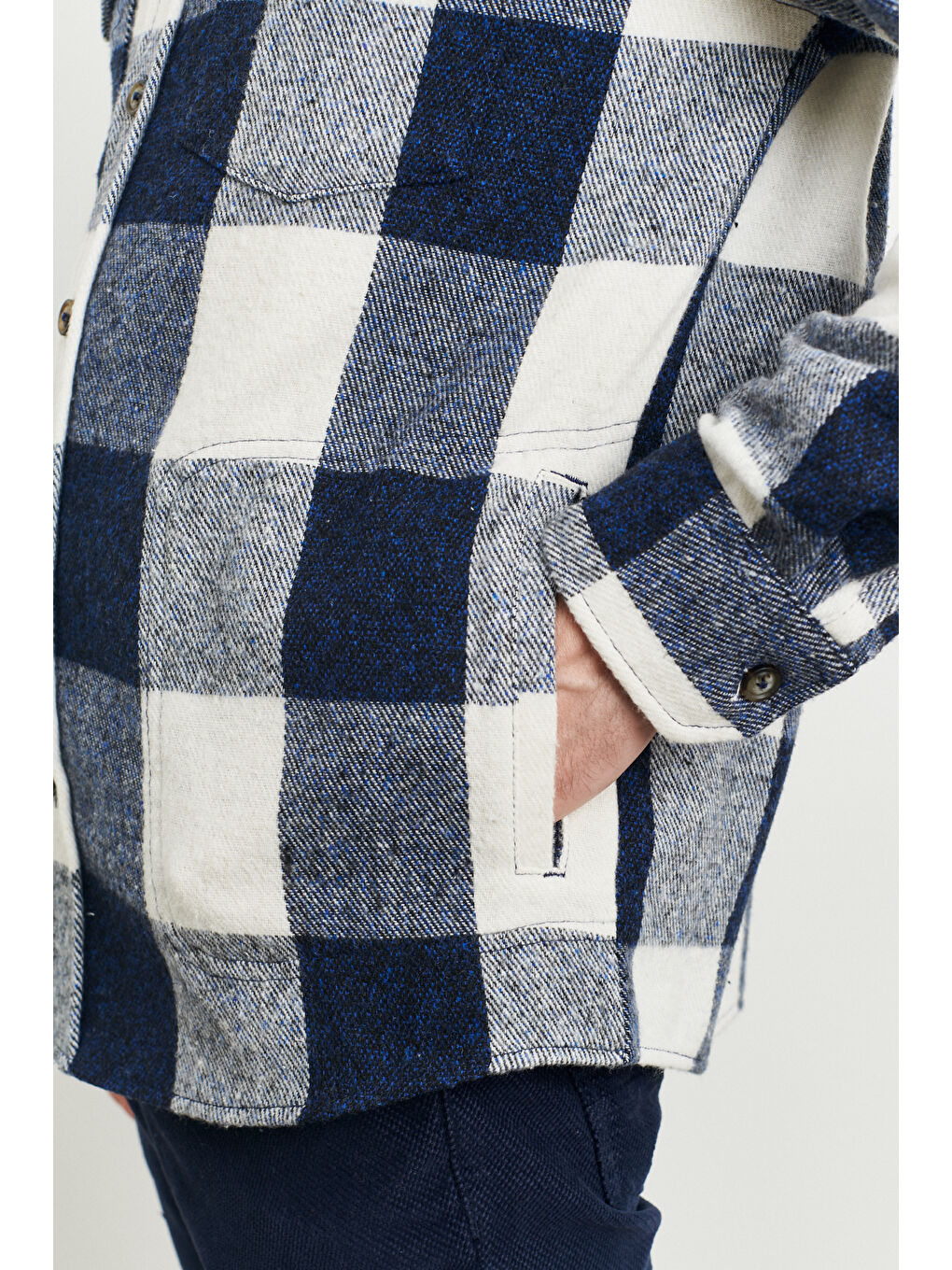 Erkek Mavi-Ekru Oversize Fit Geniş Kesim Gizli Düğmeli Yaka Kareli Oduncu Gömlek Ceket-4
