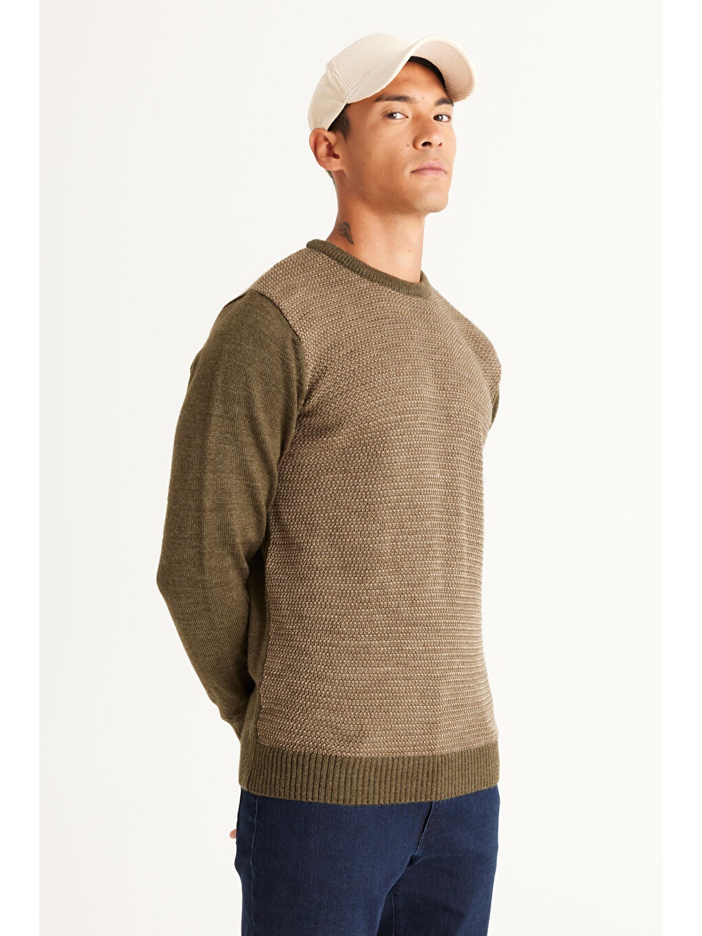 Erkek Haki-Bej Standart Fit Normal Kesim Bisiklet Yaka Petek Desenli Triko-2