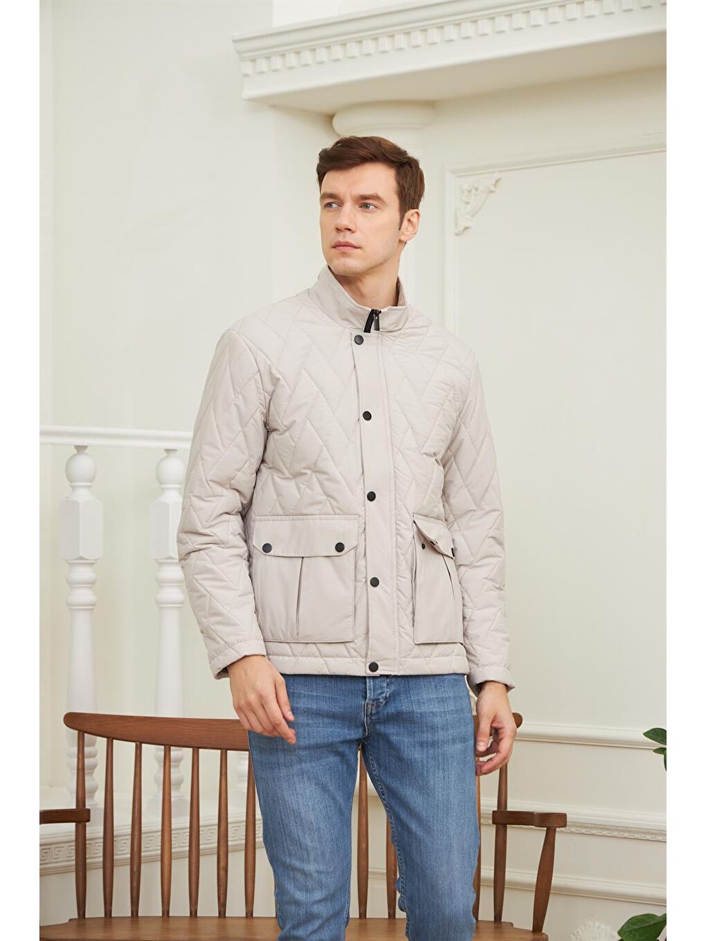 Bej Erkek Desenli Cepli Kapitone Mont Taş-1