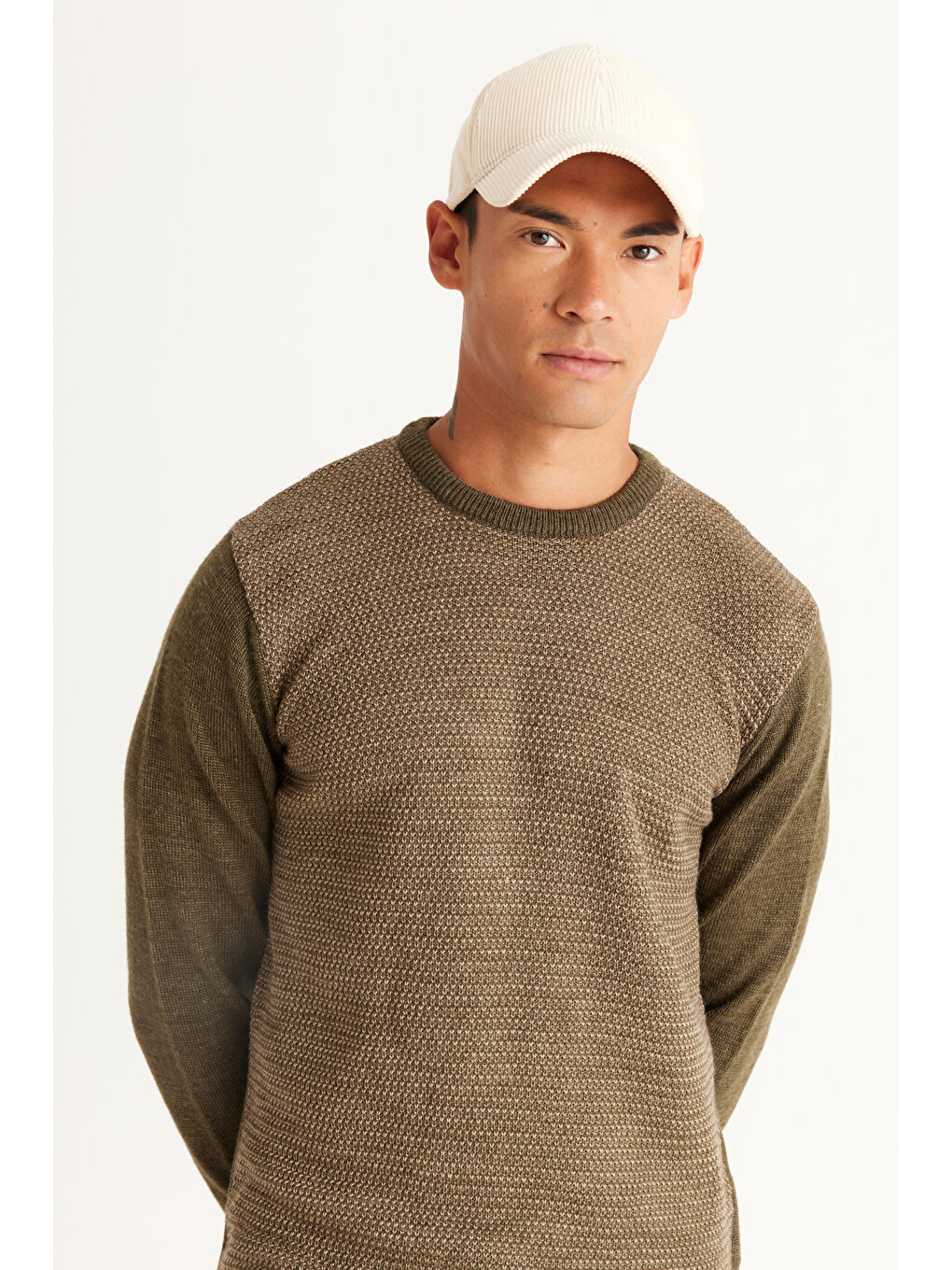 Erkek Haki-Bej Standart Fit Normal Kesim Bisiklet Yaka Petek Desenli Triko-3