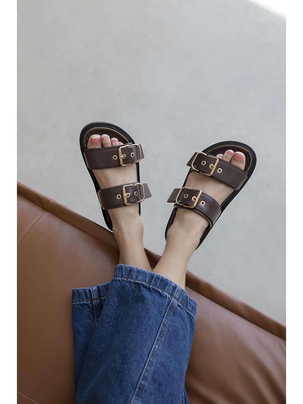 Kahverengi Gita Kadın Toka Detay Günlük Konfor Deri Terlik Kahve-1