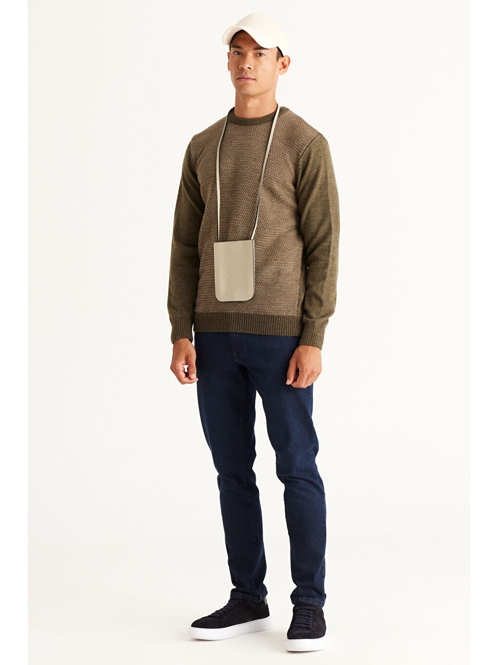 Erkek Haki-Bej Standart Fit Normal Kesim Bisiklet Yaka Petek Desenli Triko-4