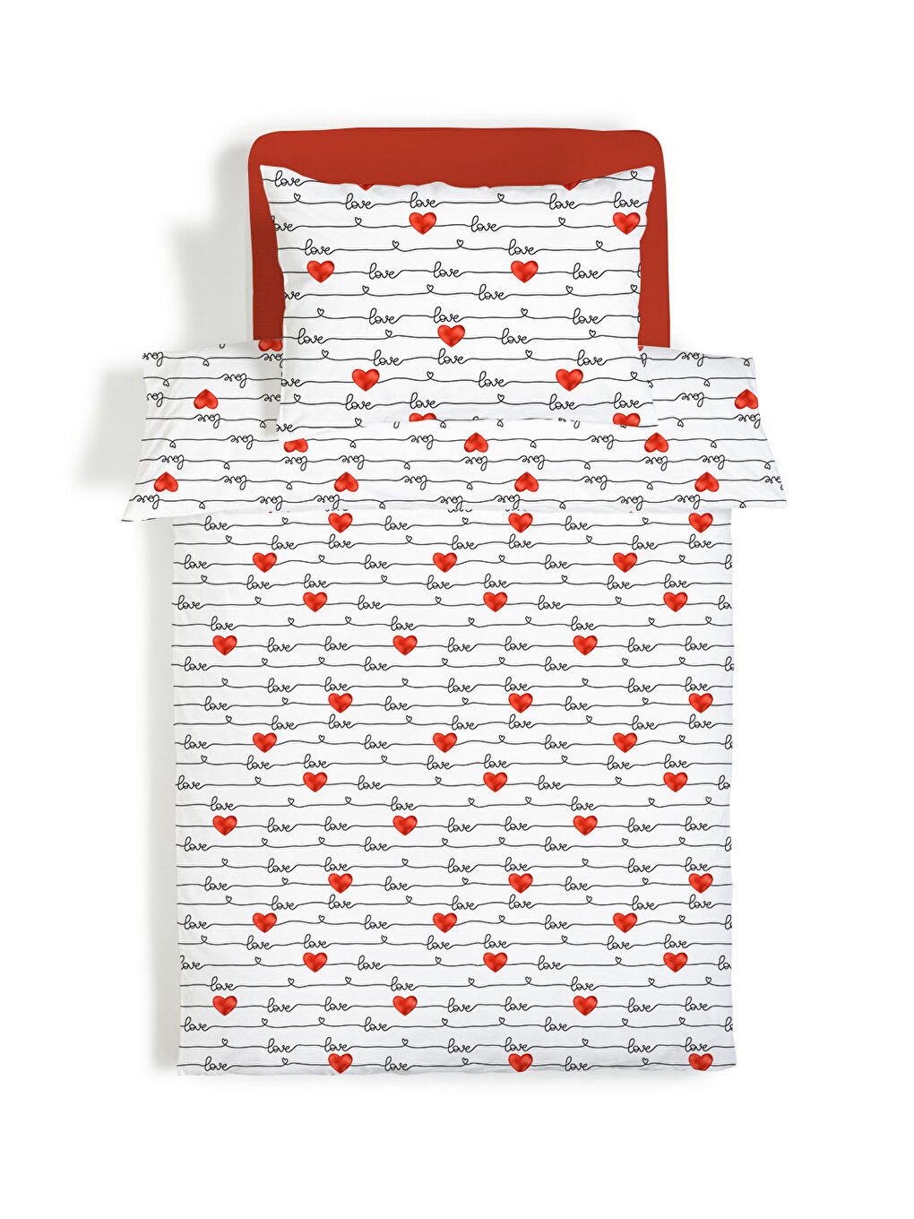 Karışık Çift Taraflı Kalp  Desenli Çarşafsız Takım Tek Kişilik Nevresim Takımı 160x220 Cm-1