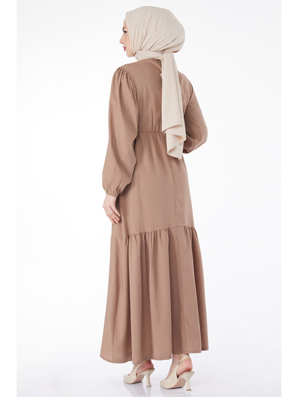 Bej Beli Bağcıklı Elbise Vizon - 27303-5