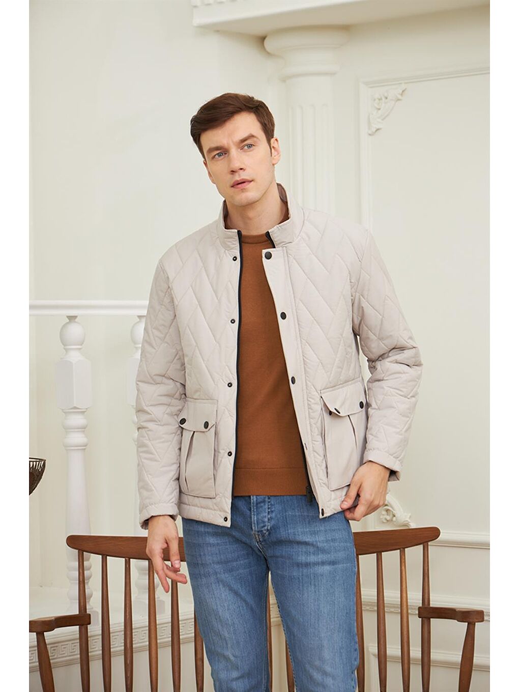 Bej Erkek Desenli Cepli Kapitone Mont Taş-2