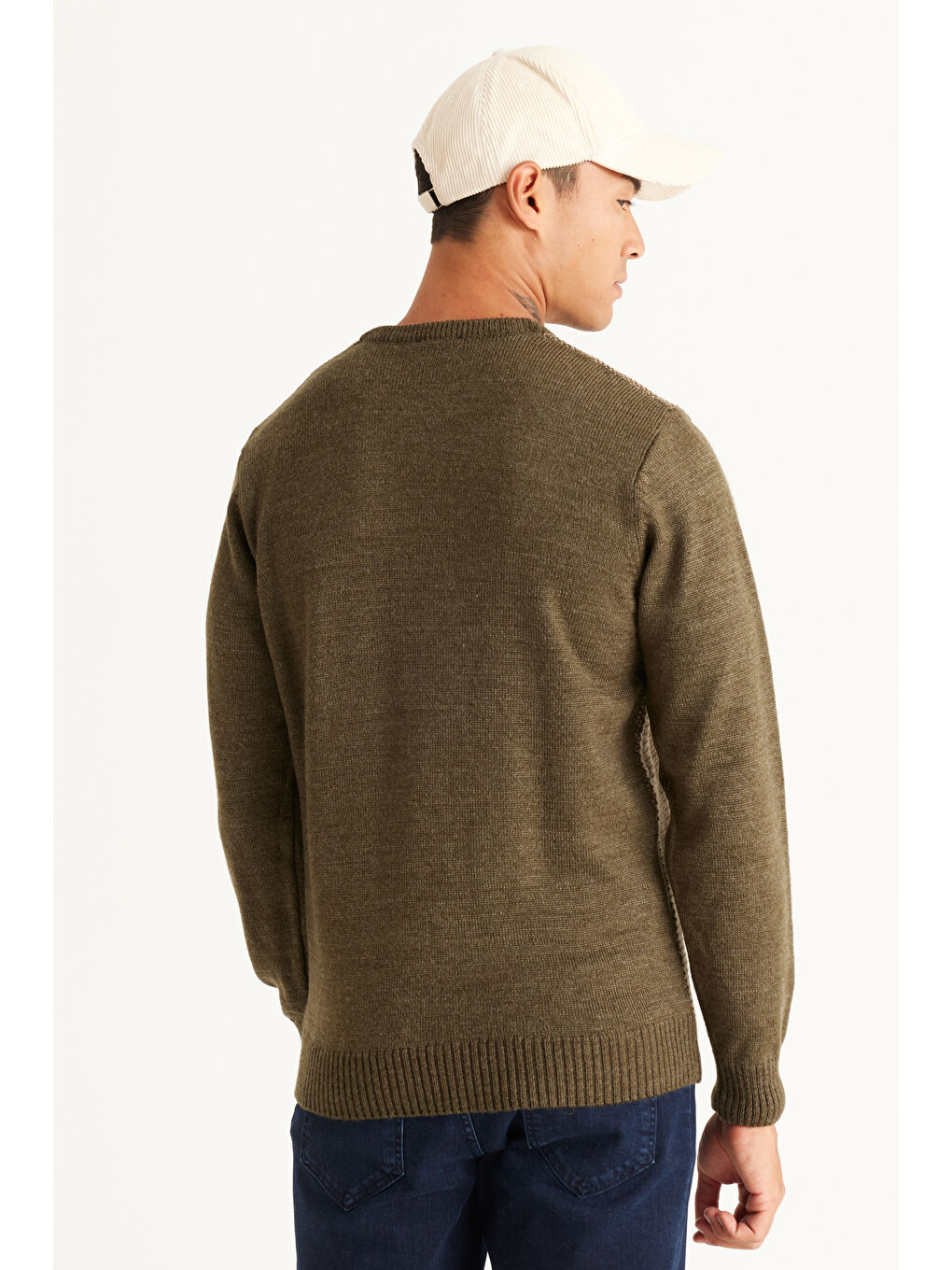 Erkek Haki-Bej Standart Fit Normal Kesim Bisiklet Yaka Petek Desenli Triko-5