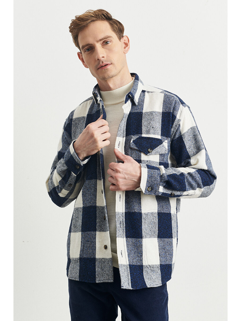 Erkek Mavi-Ekru Oversize Fit Geniş Kesim Gizli Düğmeli Yaka Kareli Oduncu Gömlek Ceket-5