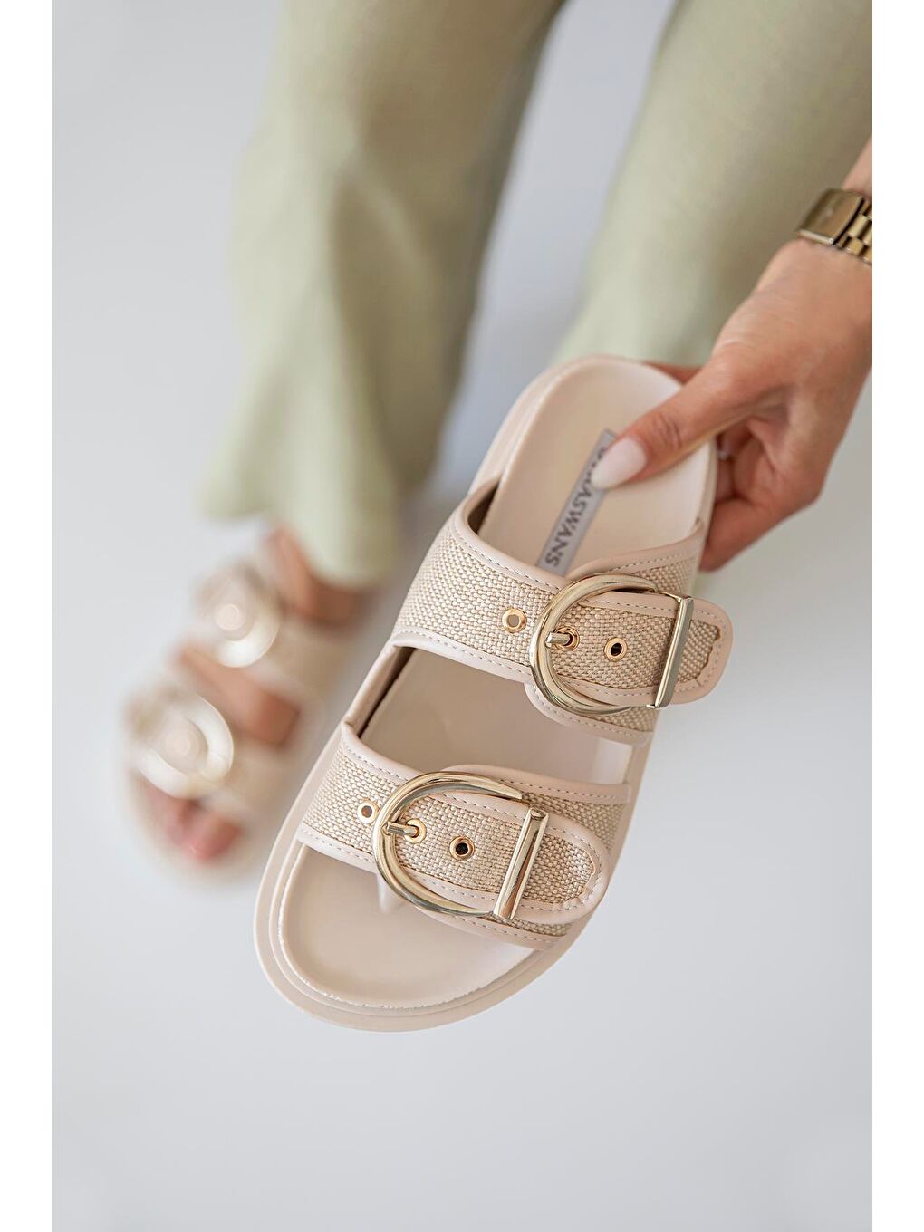 Muna Kadın Hasır Detay  Günlük Deri Terlik Bej-1