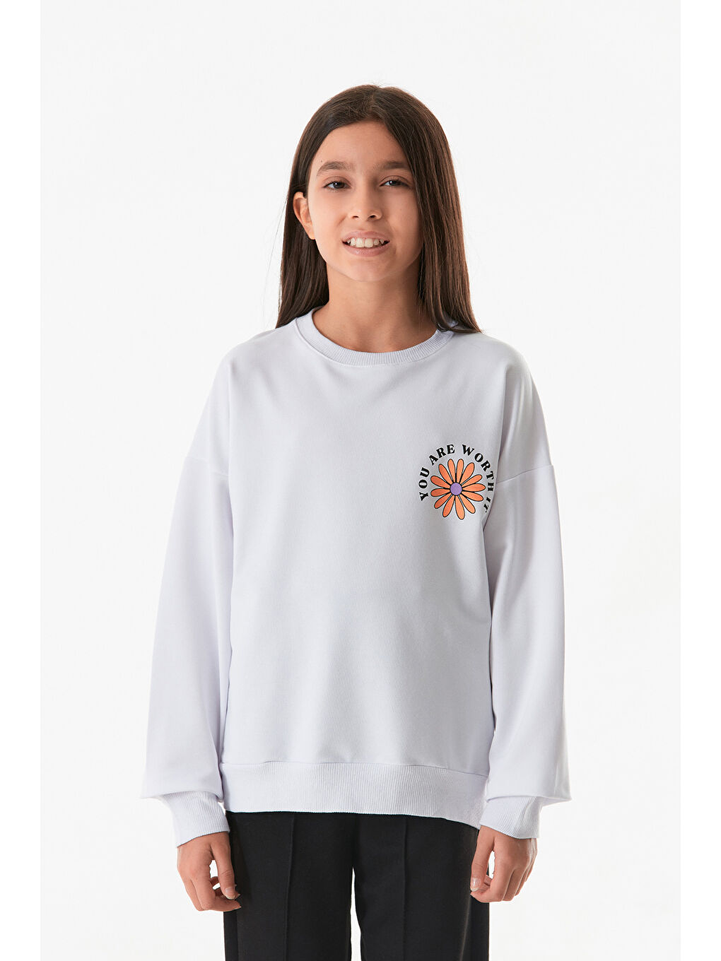 Fullamoda Beyaz Önü ve Arkası Baskılı Kız Çocuk Sweatshirt - 1