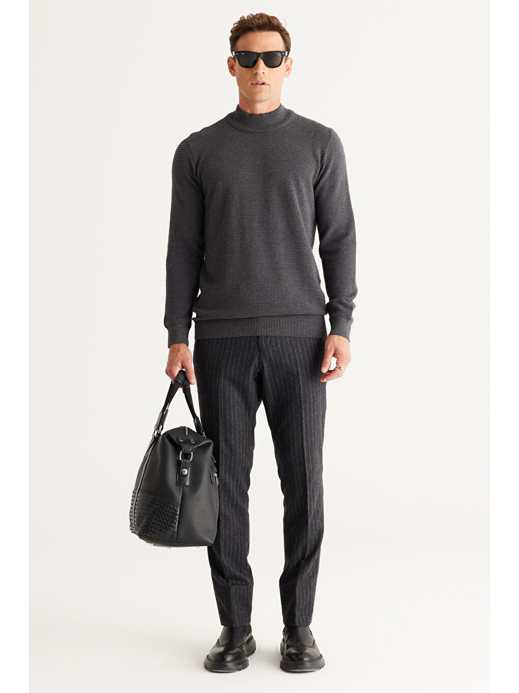 Erkek Antrasit-Melanj Recycle Standart Fit Yarım Balıkçı Yaka Pamuklu Desenli Triko Kazak-1