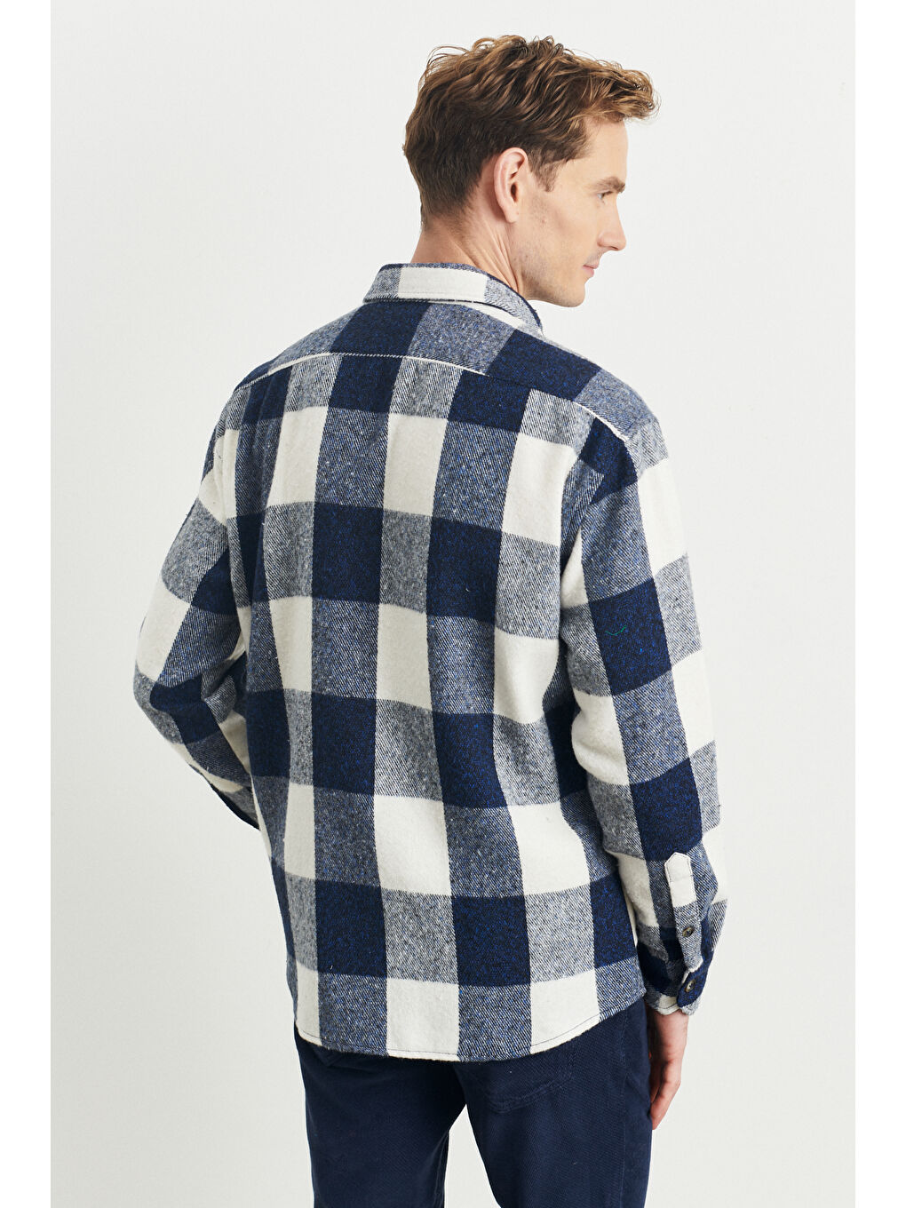 Erkek Mavi-Ekru Oversize Fit Geniş Kesim Gizli Düğmeli Yaka Kareli Oduncu Gömlek Ceket-6