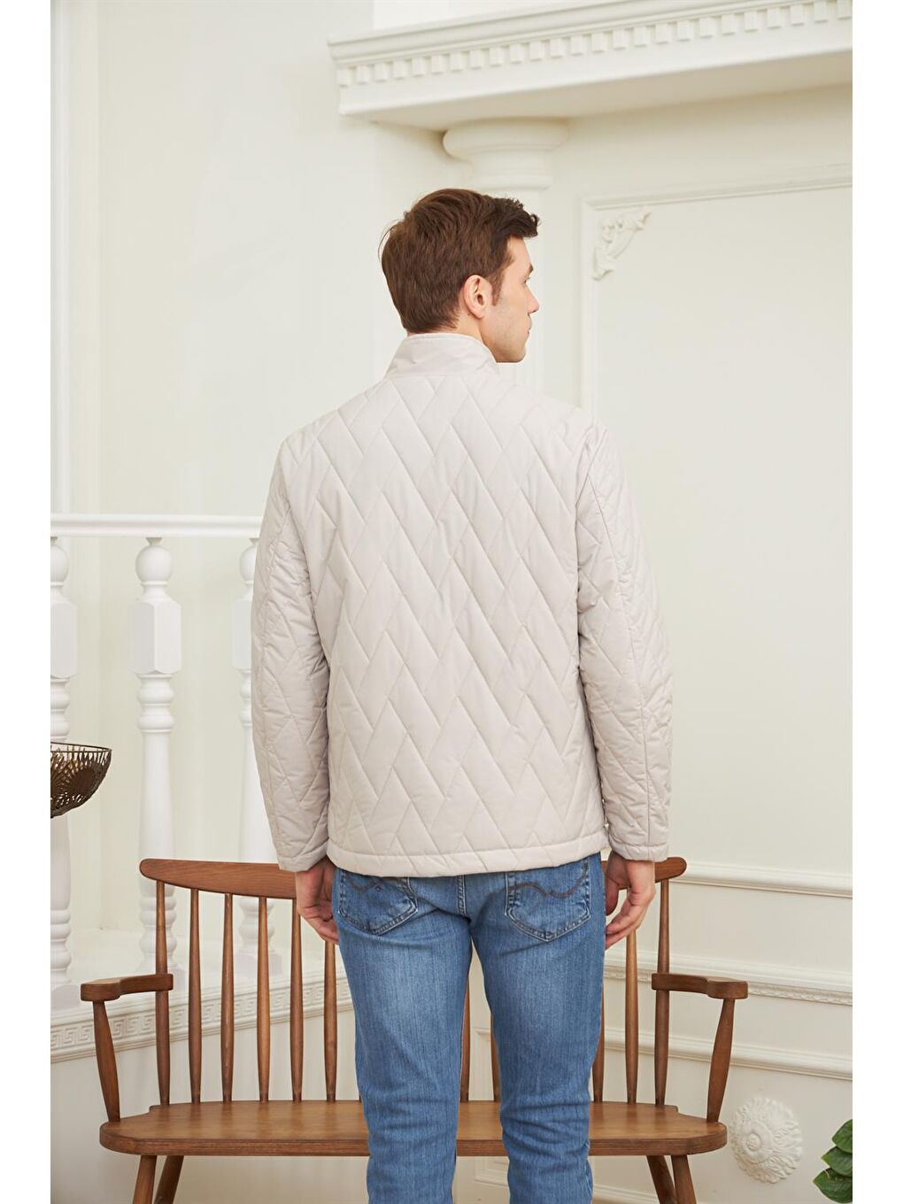 Bej Erkek Desenli Cepli Kapitone Mont Taş-5