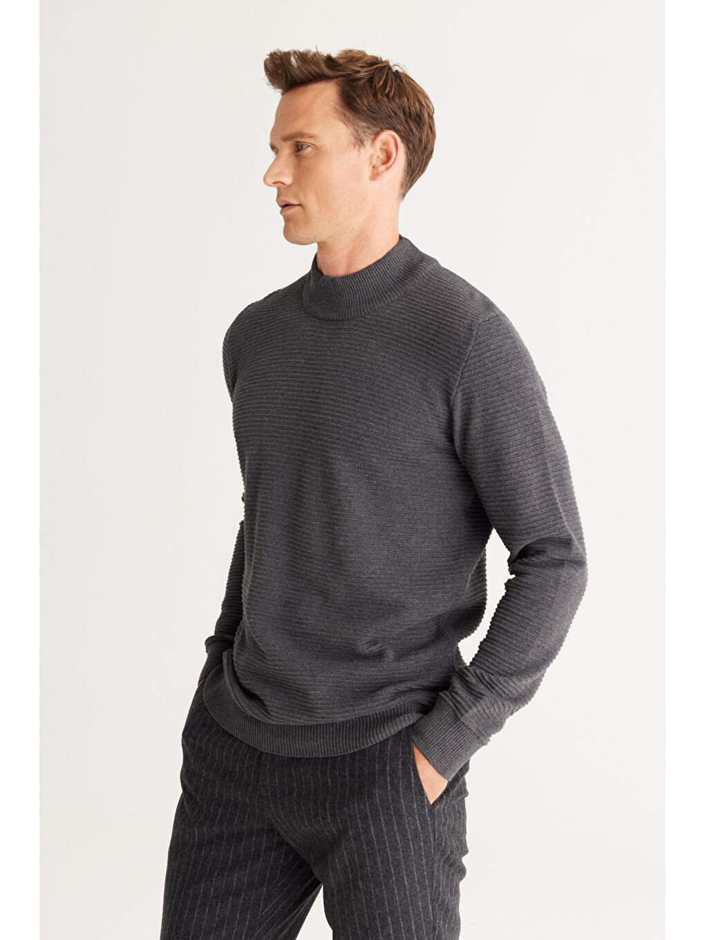 Erkek Antrasit-Melanj Recycle Standart Fit Yarım Balıkçı Yaka Pamuklu Desenli Triko Kazak-2