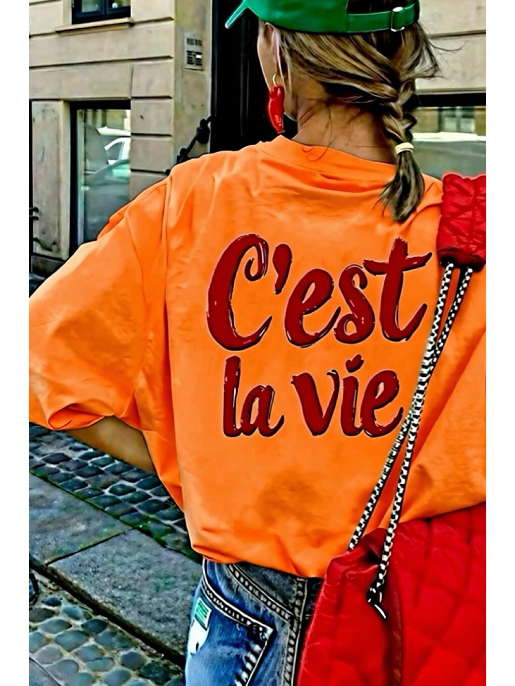 Turuncu C'est La Vie Yazılı Oversize Kadın T-shirt