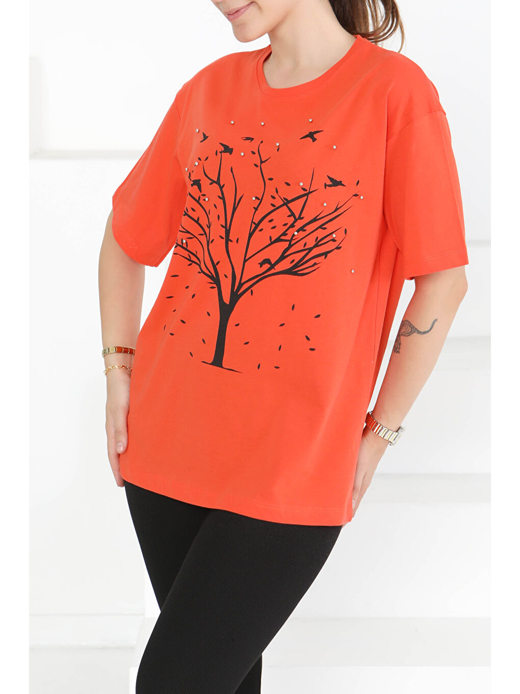 Baskılı Taşlı T-Şhirt Turuncu - 27375-1