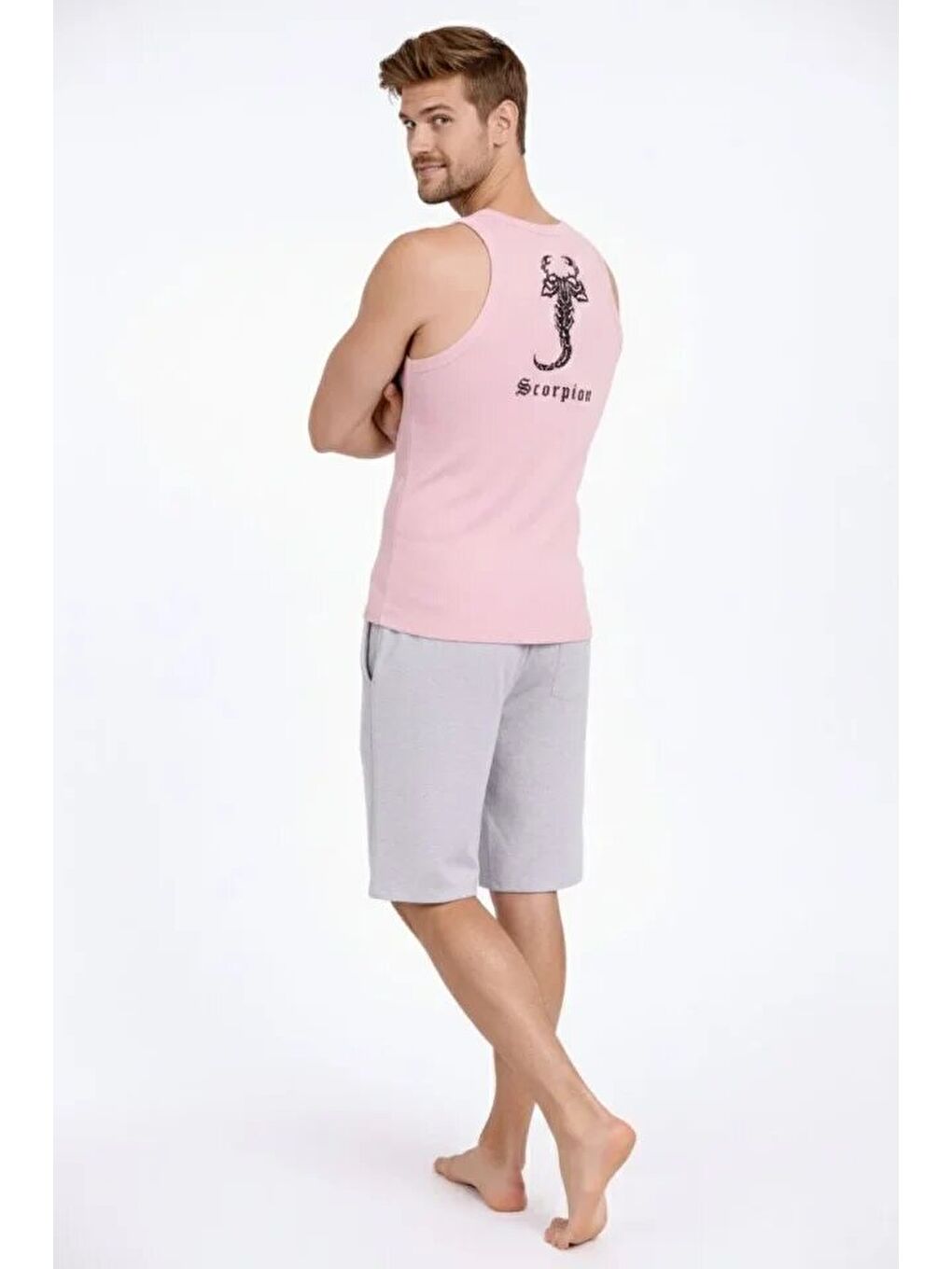 Erkek Fitilli Atlet Sıfır Yaka Slim Fit Arka Baskılı Spor Atlet - Pembe-1