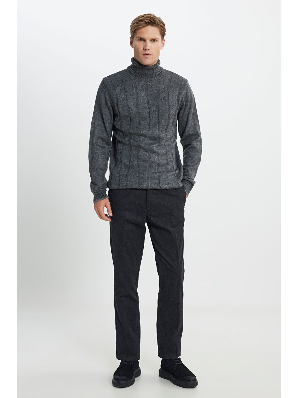 Erkek Antrasit-Melanj Standart Fit Normal Kesim Tam Balıkçı Yaka Jakarlı Triko-1