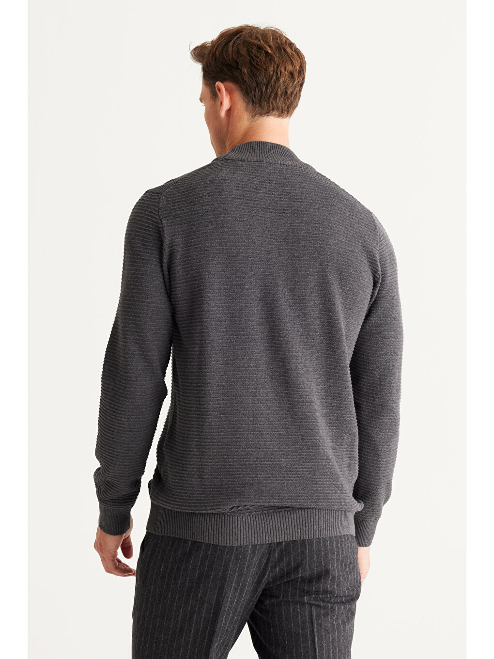 Erkek Antrasit-Melanj Recycle Standart Fit Yarım Balıkçı Yaka Pamuklu Desenli Triko Kazak-4