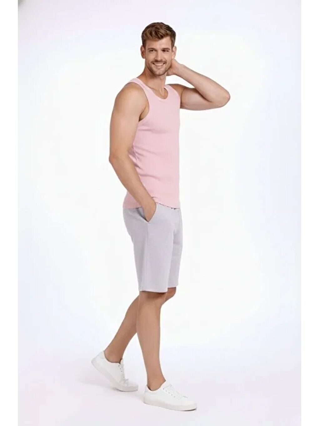 Erkek Fitilli Atlet Sıfır Yaka Slim Fit Arka Baskılı Spor Atlet - Pembe-2