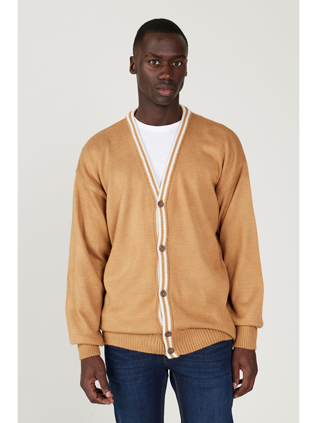 Bej Erkek KARAMEL-EKRU Standart Fit Normal Kesim V Yaka Triko Hırka-3