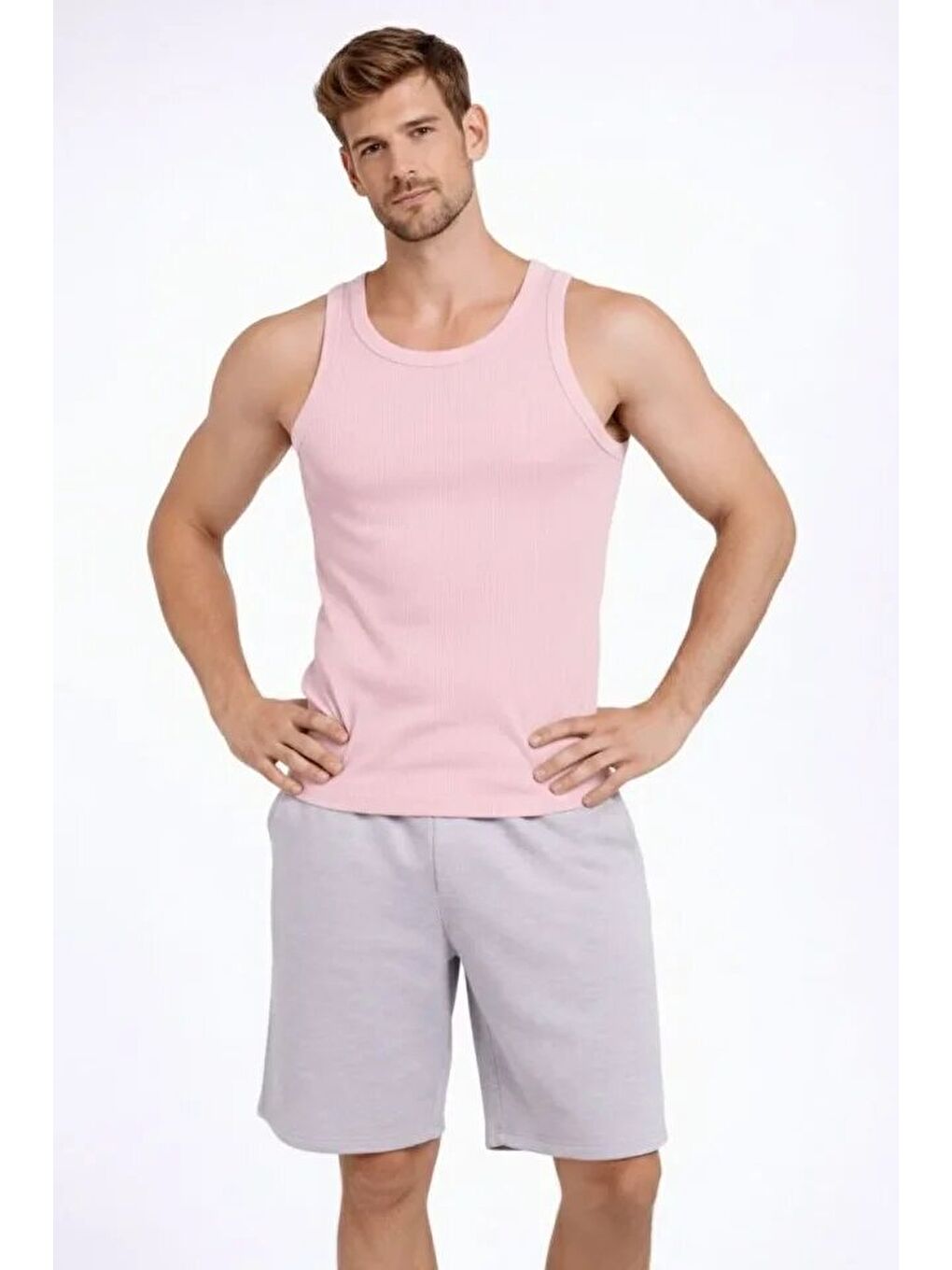 Erkek Fitilli Atlet Sıfır Yaka Slim Fit Arka Baskılı Spor Atlet - Pembe-3