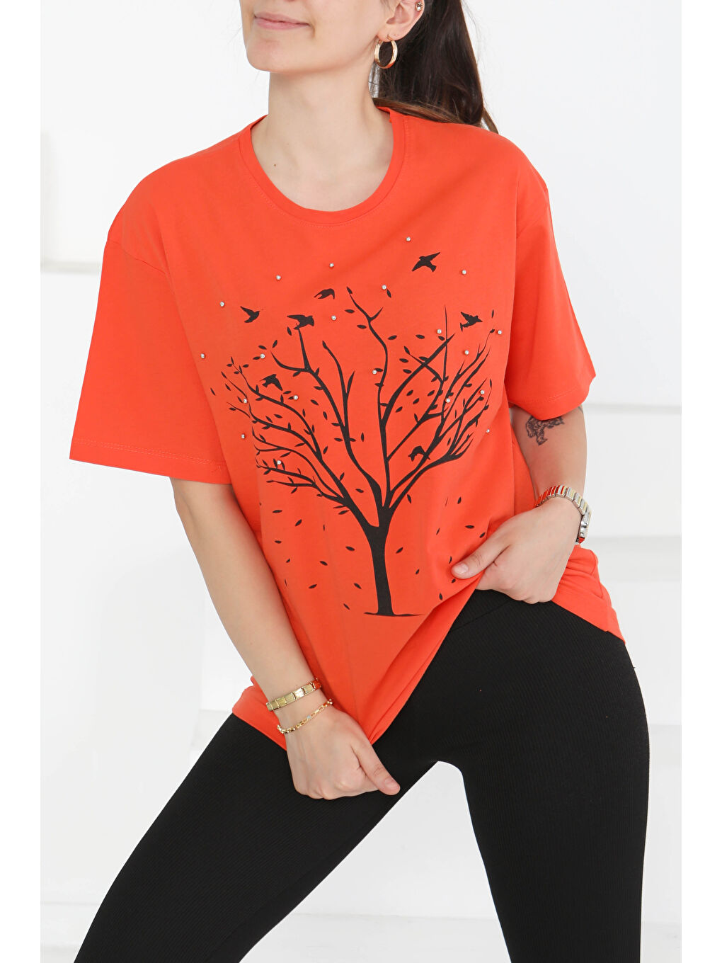 Baskılı Taşlı T-Şhirt Turuncu - 27375-2