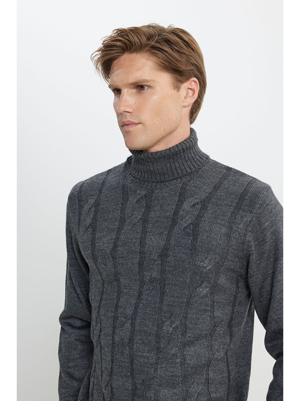 Erkek Antrasit-Melanj Standart Fit Normal Kesim Tam Balıkçı Yaka Jakarlı Triko-4