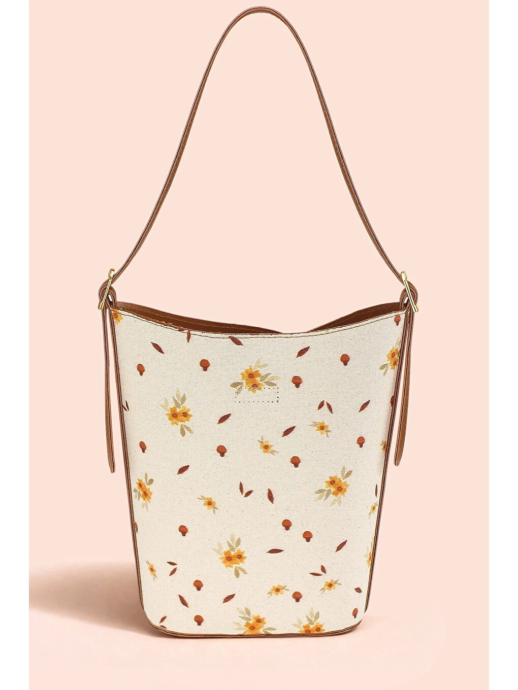 Ekru Luna Pembe Kanvas Bucket Omuz Çantası - Ayarlanabilir Omuz Askılı, Gold Aksesuarlı-4