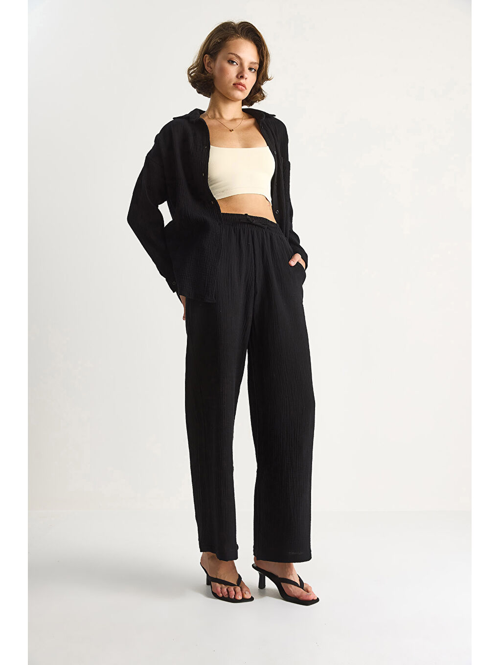 Siyah Kadın Müslin Palazzo Pantolon-1