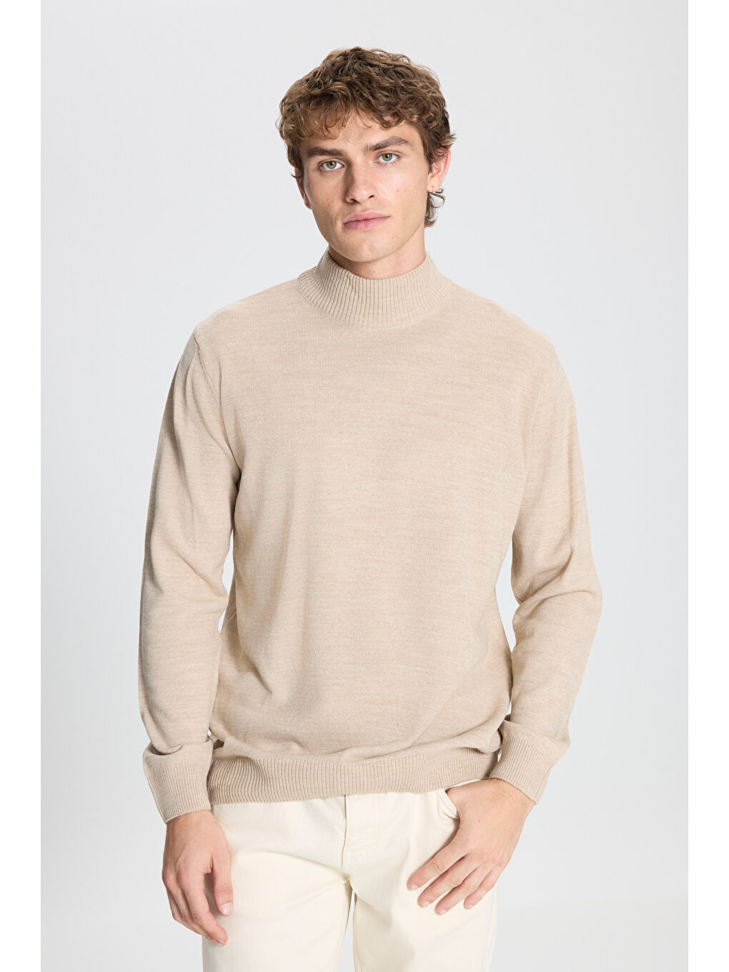 Erkek Bej-Haki 2'li Paket Standart Fit Normal Kesim Yarım Balıkçı Yaka Basic Triko Kazak-2