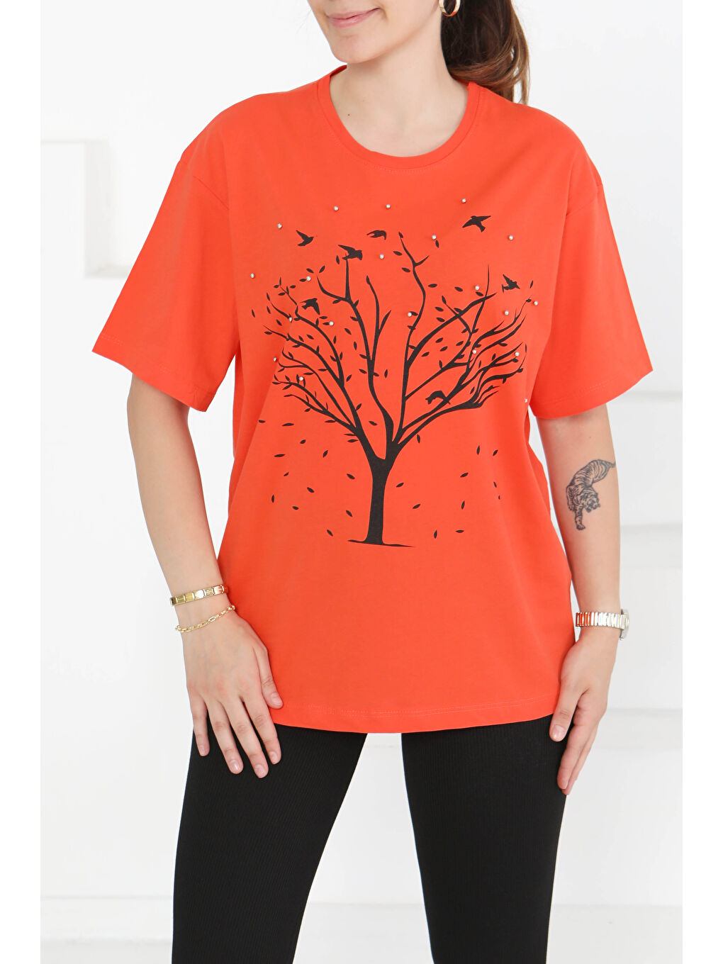 Baskılı Taşlı T-Şhirt Turuncu - 27375-3