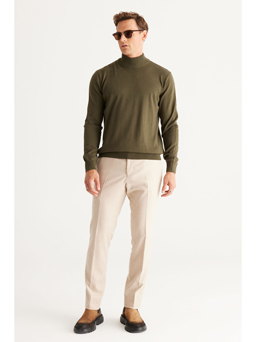 Erkek Bej-Haki 2'li Paket Standart Fit Normal Kesim Yarım Balıkçı Yaka Basic Triko Kazak-3