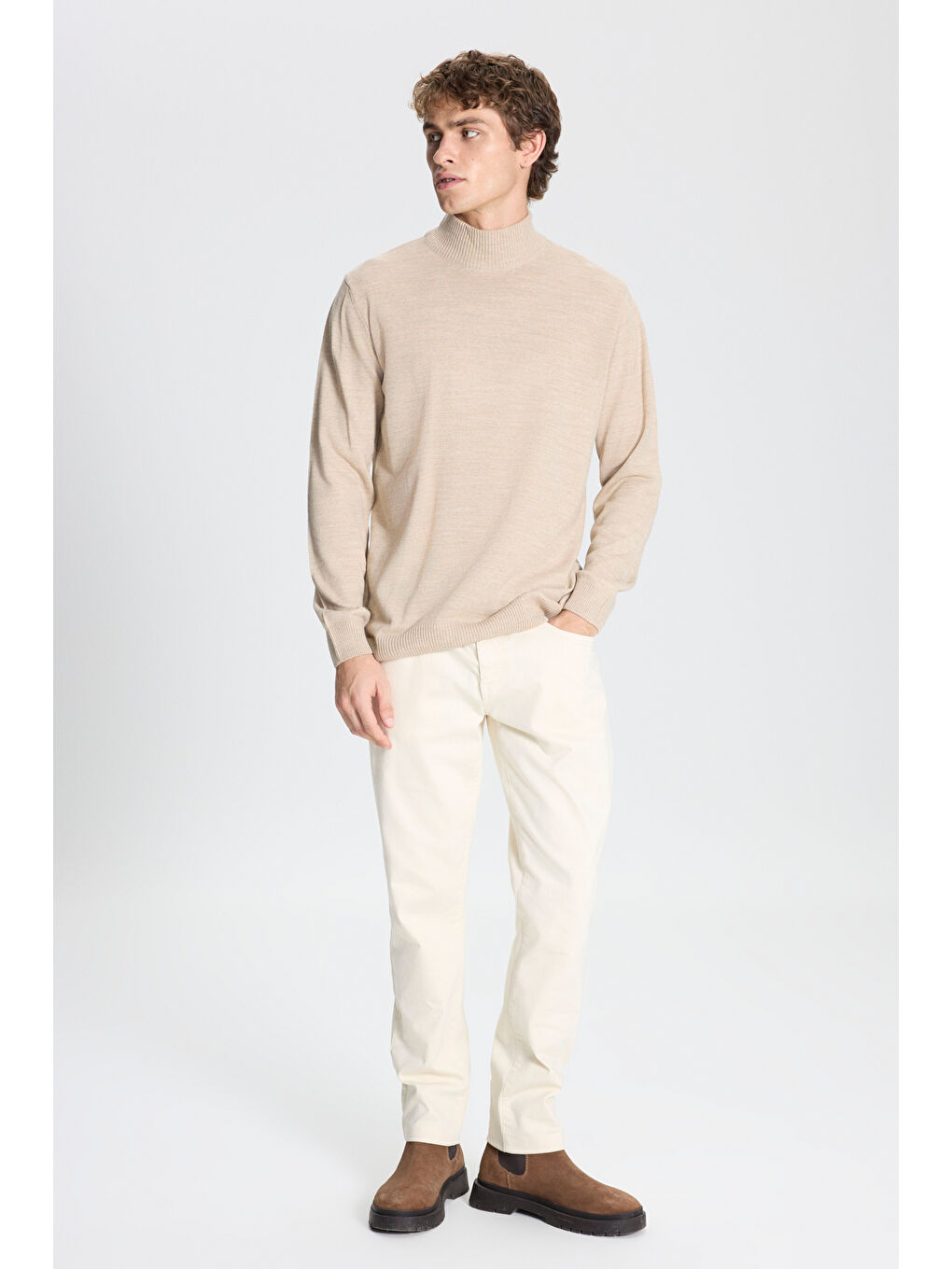 Erkek Bej-Haki 2'li Paket Standart Fit Normal Kesim Yarım Balıkçı Yaka Basic Triko Kazak-4