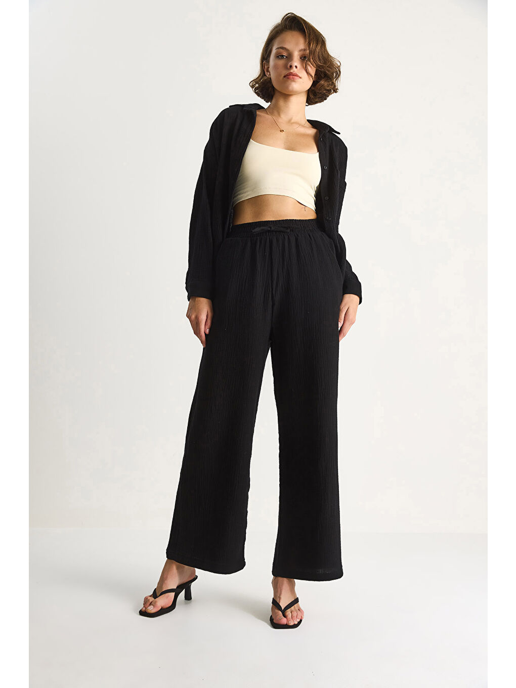 Siyah Kadın Müslin Palazzo Pantolon-3
