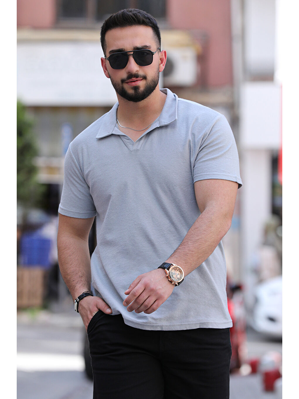 Gri Elastanlı Polo Yaka Erkek Tişört