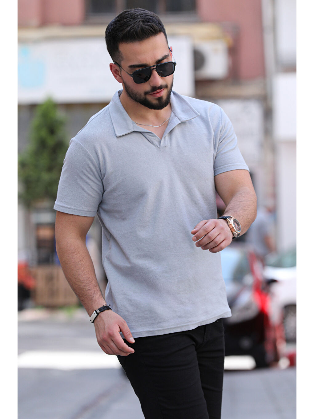 Gri Elastanlı Polo Yaka Erkek Tişört-1