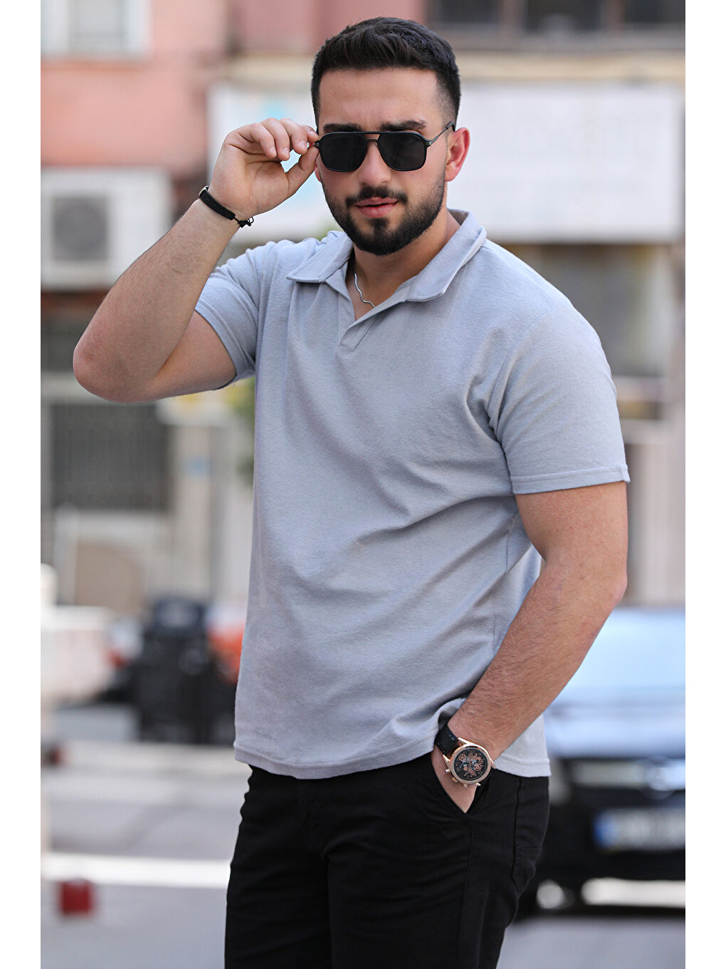 Gri Elastanlı Polo Yaka Erkek Tişört-2