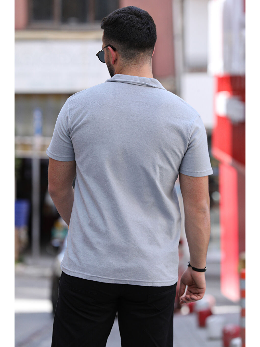 Gri Elastanlı Polo Yaka Erkek Tişört-3